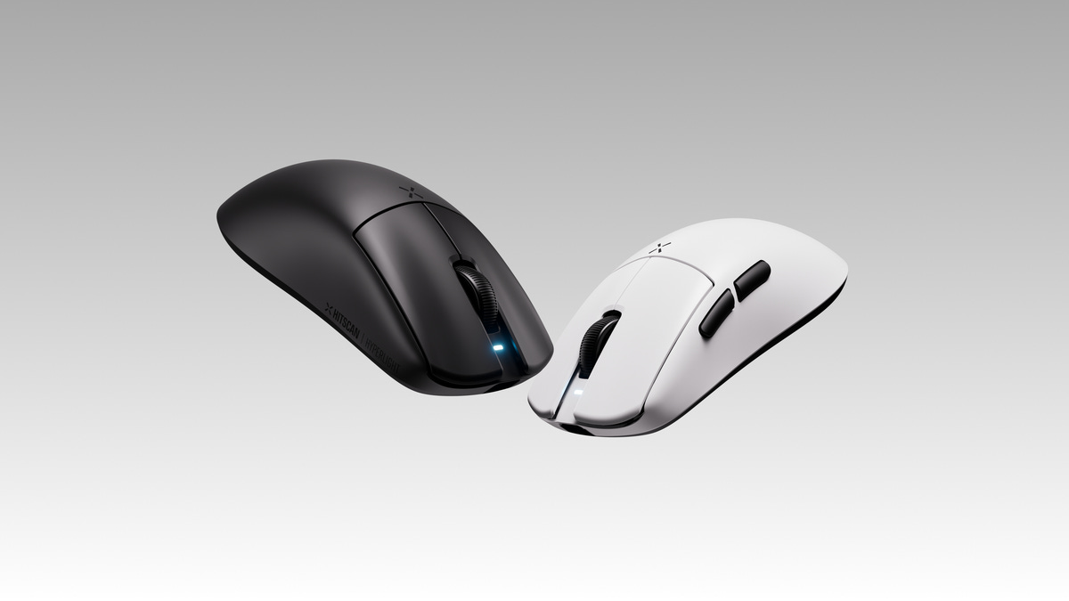 Hitscan Hyperlight X wireless gaming mouse in black and white