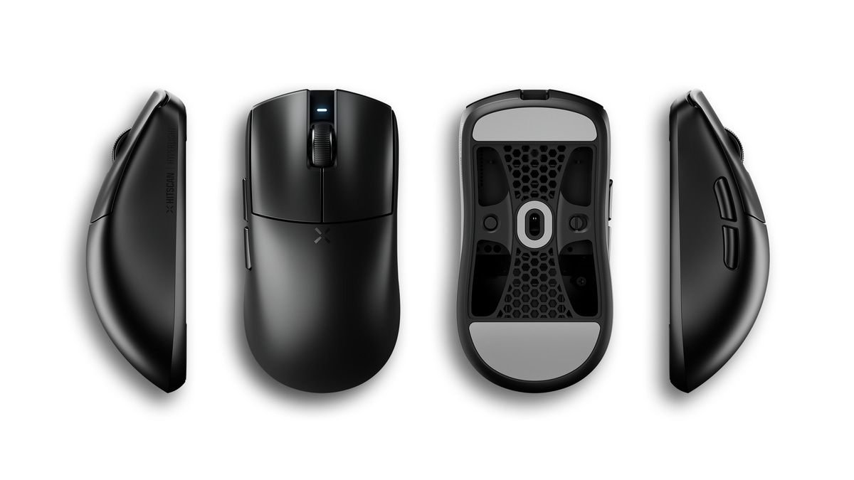 Hitscan Hyperlight X wireless gaming mouse in black, side, top and bottom views