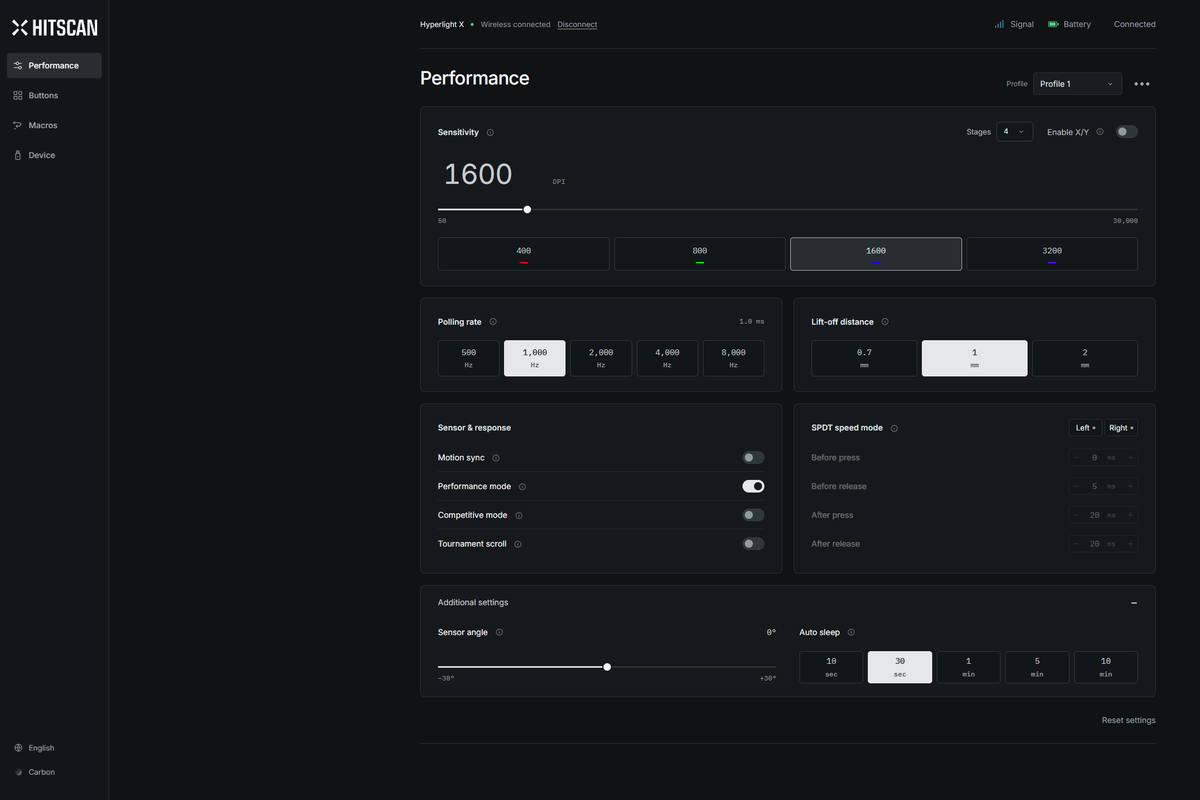 Hitscan Control web software open in a browser at control.hitscan.com, showing the Hyperlight X performance settings