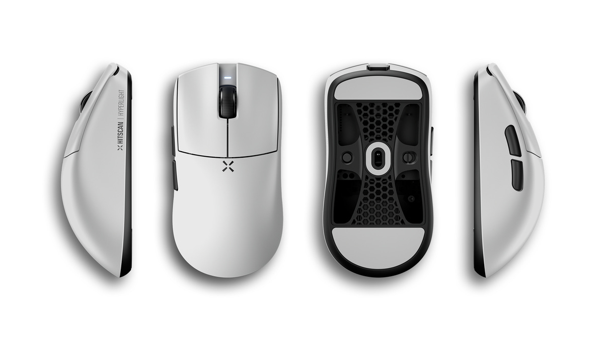 Hitscan Hyperlight X wireless gaming mouse in white, side, top and bottom views