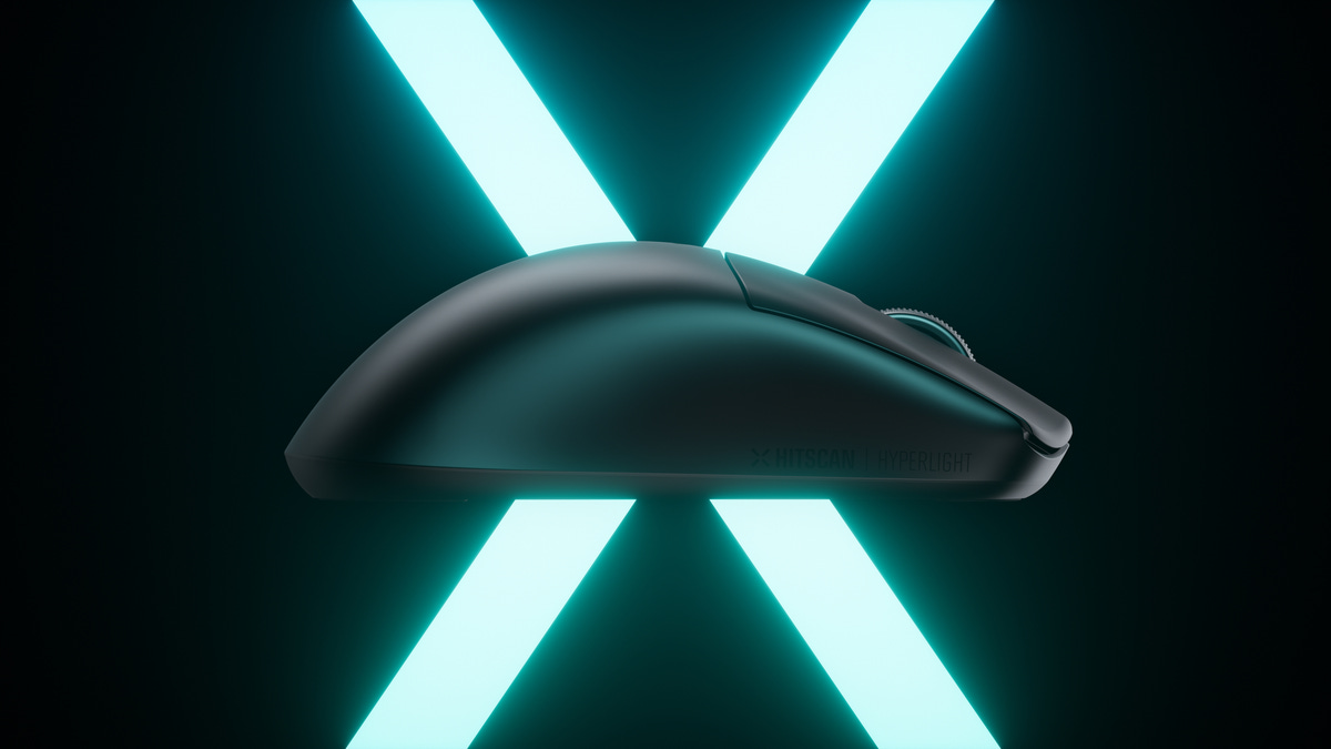 Hitscan Hyperlight X wireless gaming mouse in front of a glowing teal X